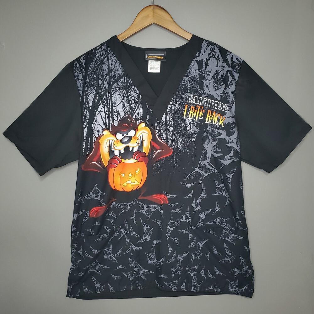 Looney Tunes Taz Halloween Scrub Top Small Black V-Neck Tasmanian Devil TF606XB6